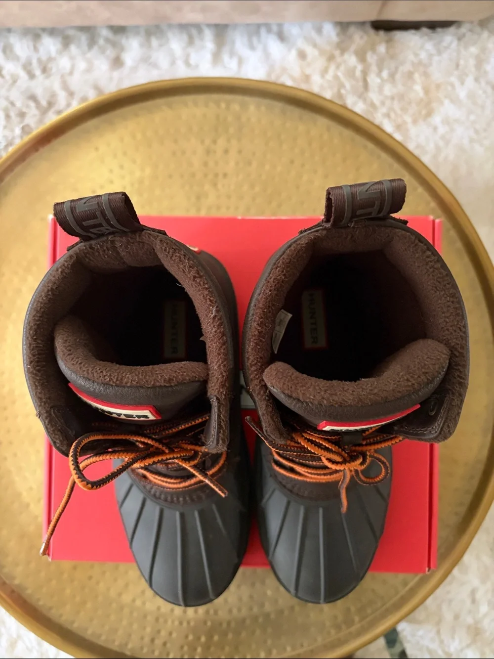 Hunter Dark Brown Waterproof Duck Boots with Orange Laces